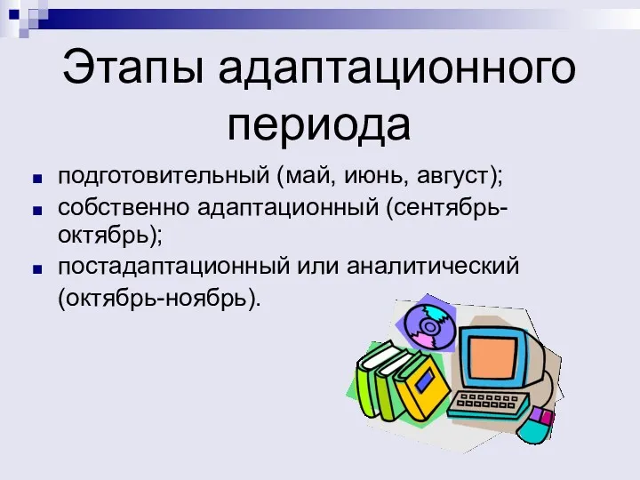 Этапы адаптационного периода подготовительный (май, июнь, август); собственно адаптационный (сентябрь- октябрь); постадаптационный или аналитический (октябрь-ноябрь).