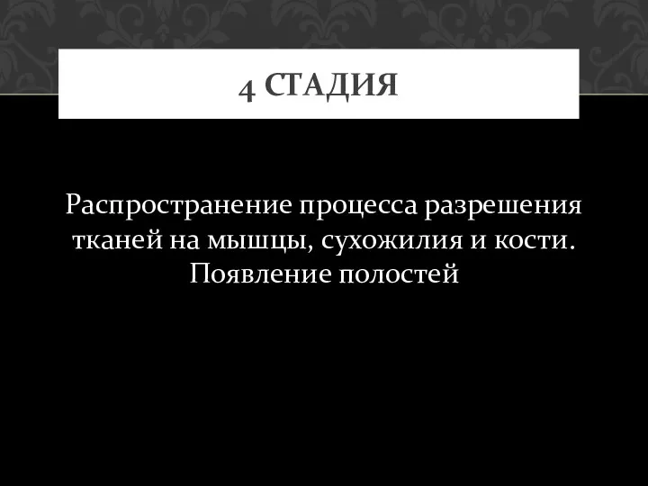 Распространение процесса разрешения тканей на мышцы, сухожилия и кости. Появление полостей 4 СТАДИЯ