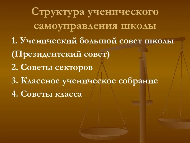 Структура ученического самоуправления школы 1. Ученический большой совет школы (Президентский