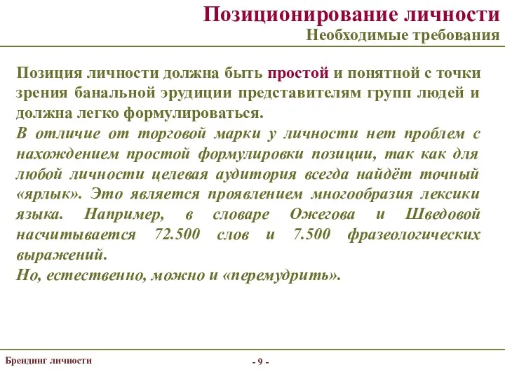 - - Брендинг личности Позиционирование личности Необходимые требования Позиция личности