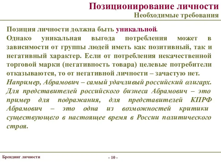 - - Брендинг личности Позиционирование личности Необходимые требования Позиция личности