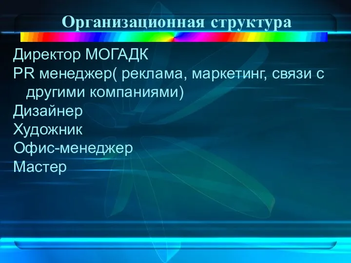 Директор МОГАДК PR менеджер( реклама, маркетинг, связи с другими компаниями) Дизайнер Художник Офис-менеджер Мастер Организационная структура