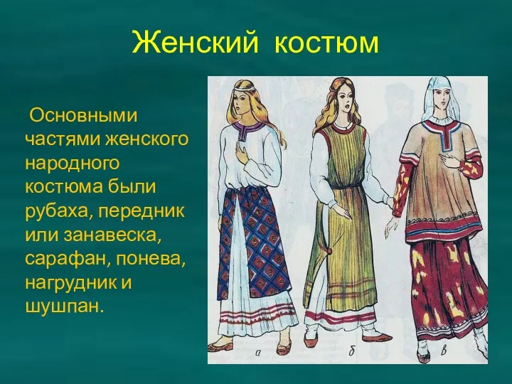Женский костюм Основными частями женского народного костюма были рубаха, передник или занавеска, сарафан,