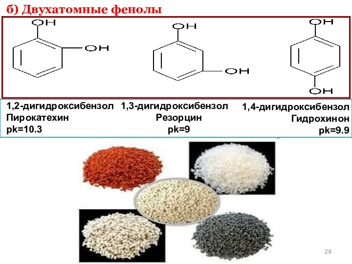 б) Двухатомные фенолы 1,4-дигидроксибензол Гидрохинон pk=9.9 1,2-дигидроксибензол Пирокатехин pk=10.3 1,3-дигидроксибензол Резорцин pk=9