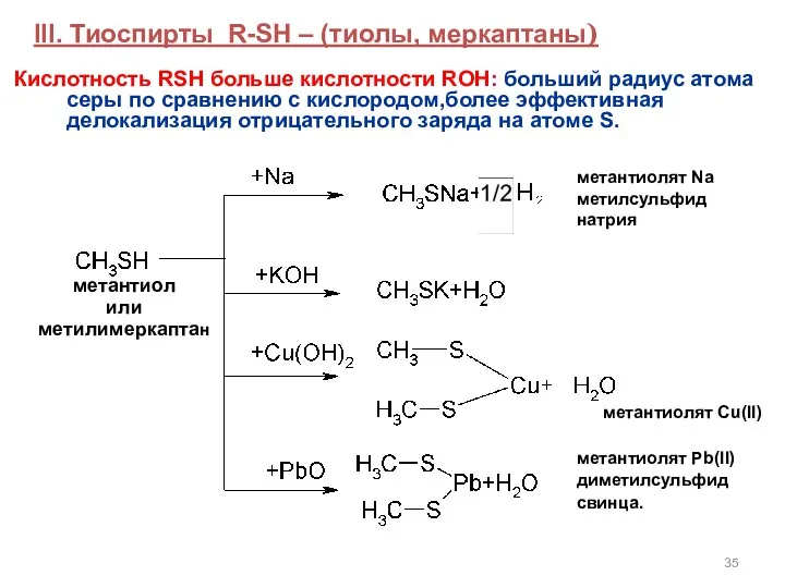 III. Тиоспирты R-SH – (тиолы, меркаптаны) метантиол или метилимеркаптан метантиолят