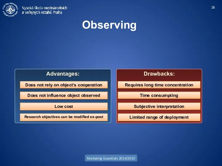 Advantages: Observing Marketing Essentials 2014/2015 Does not rely on object‘s