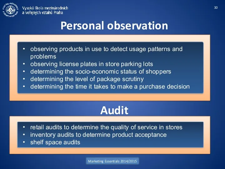 Personal observation Marketing Essentials 2014/2015 observing products in use to