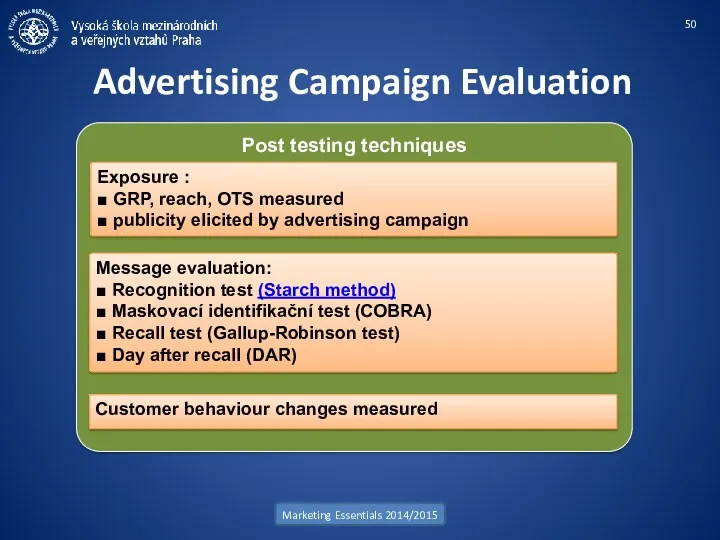 Advertising Campaign Evaluation Marketing Essentials 2014/2015 Post testing techniques Exposure