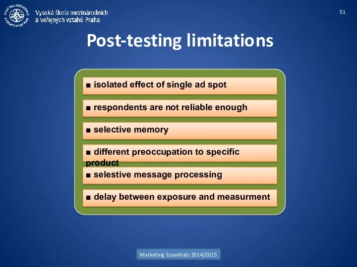 Post-testing limitations Marketing Essentials 2014/2015 ■ isolated effect of single