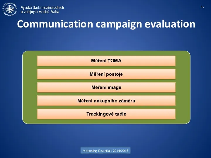 Communication campaign evaluation Marketing Essentials 2014/2015 Měření TOMA Měření postoje