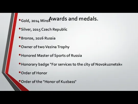 Awards and medals. Gold, 2014 Minsk Silver, 2015 Czech Republic