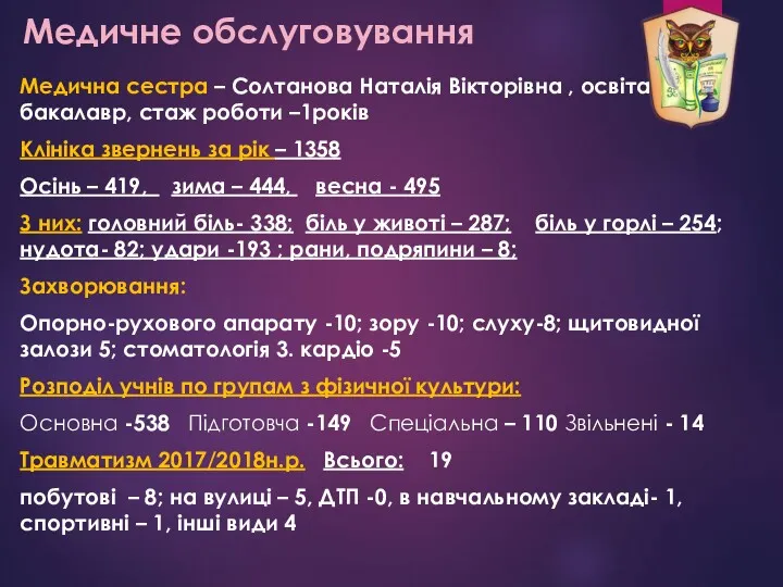 Медичне обслуговування Медична сестра – Солтанова Наталія Вікторівна , освіта