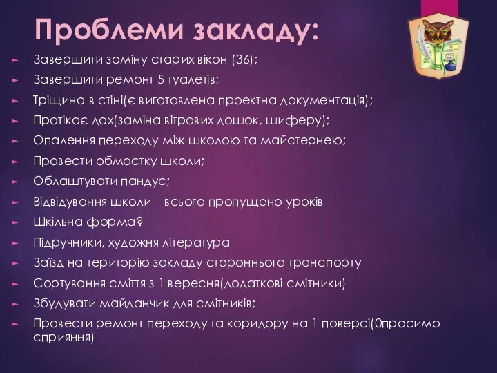 Проблеми закладу: Завершити заміну старих вікон (36); Завершити ремонт 5