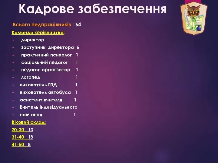 Кадрове забезпечення Всього педпрацівників : 64 Команда керівництва: директор заступник