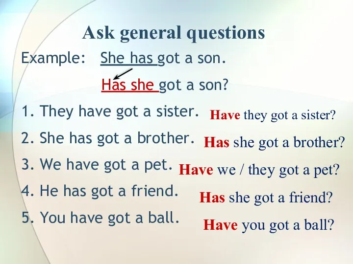 Ask general questions Example: She has got a son. Has