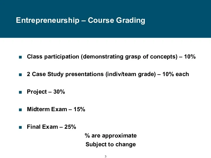 Entrepreneurship – Course Grading Class participation (demonstrating grasp of concepts)
