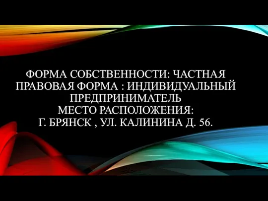 ФОРМА СОБСТВЕННОСТИ: ЧАСТНАЯ ПРАВОВАЯ ФОРМА : ИНДИВИДУАЛЬНЫЙ ПРЕДПРИНИМАТЕЛЬ МЕСТО РАСПОЛОЖЕНИЯ: Г. БРЯНСК ,