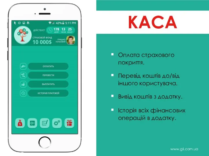 www.gli.com.ua Оплата страхового покриття. Перевід коштів до/від іншого користувача. Вивід