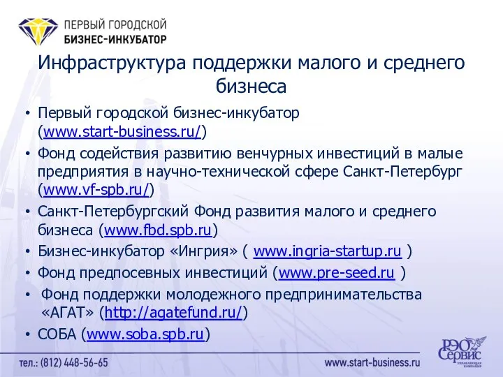 Первый городской бизнес-инкубатор (www.start-business.ru/) Фонд содействия развитию венчурных инвестиций в