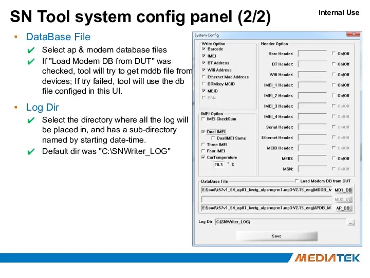 SN Tool system config panel (2/2) DataBase File Select ap & modem database