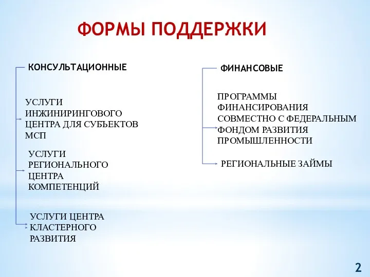 ФОРМЫ ПОДДЕРЖКИ ФИНАНСОВЫЕ КОНСУЛЬТАЦИОННЫЕ ПРОГРАММЫ ФИНАНСИРОВАНИЯ СОВМЕСТНО С ФЕДЕРАЛЬНЫМ ФОНДОМ