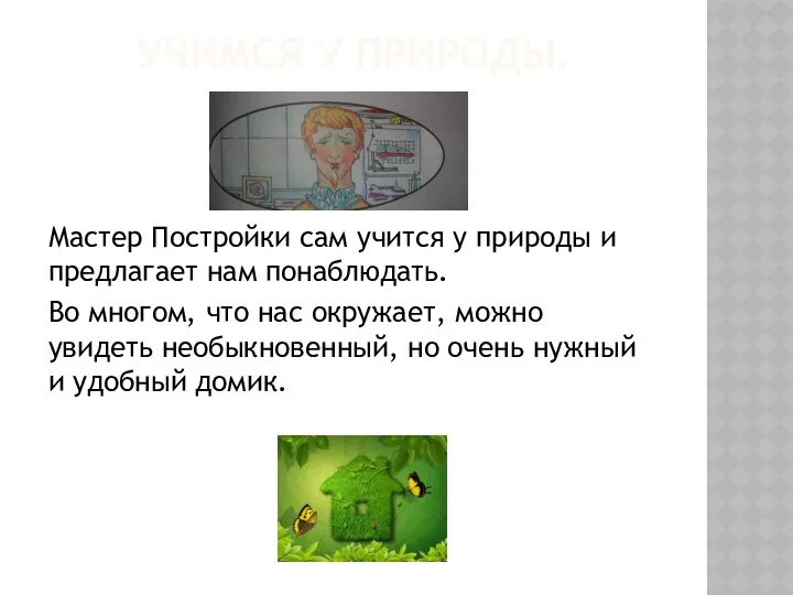 УЧИМСЯ У ПРИРОДЫ. Мастер Постройки сам учится у природы и предлагает нам понаблюдать.