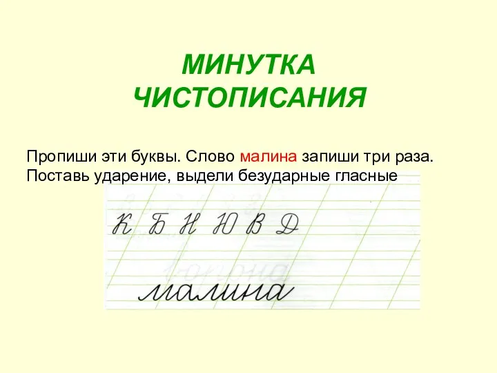 МИНУТКА ЧИСТОПИСАНИЯ Пропиши эти буквы. Слово малина запиши три раза. Поставь ударение, выдели безударные гласные