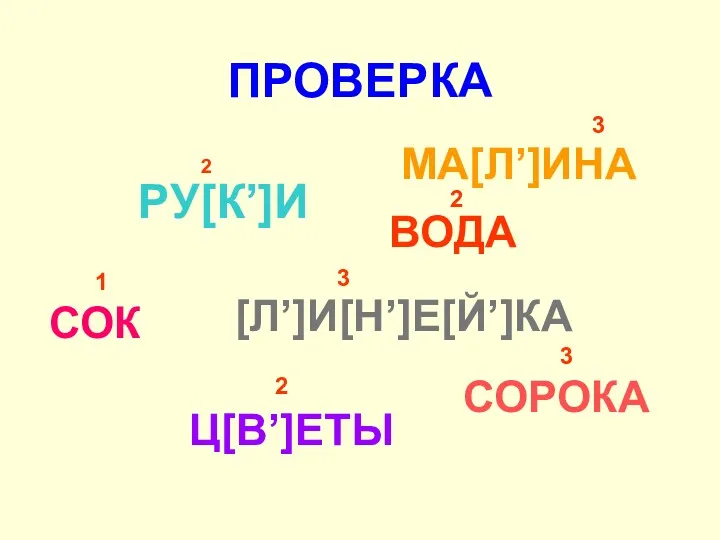 ПРОВЕРКА РУ[К’]И 2 СОРОКА 3 Ц[В’]ЕТЫ МА[Л’]ИНА СОК [Л’]И[Н’]Е[Й’]КА ВОДА 3 2 1 3 2