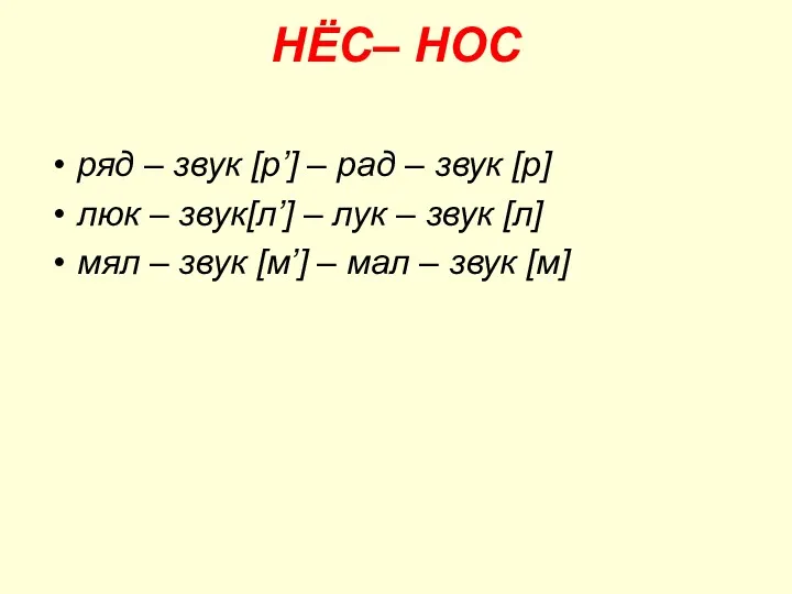 НЁС– НОС ряд – звук [р’] – рад – звук