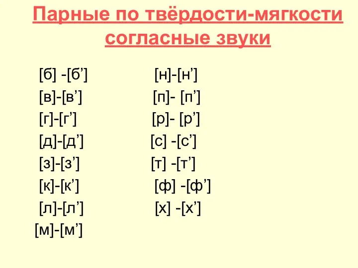 Парные по твёрдости-мягкости согласные звуки [б] -[б’] [н]-[н’] [в]-[в’] [п]-