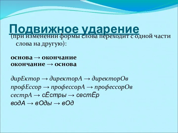 Подвижное ударение (при изменении формы слова переходит с одной части