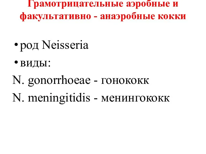 Грамотрицательные аэробные и факультативно - анаэробные кокки род Neisseria виды: N. gonorrhoeae -
