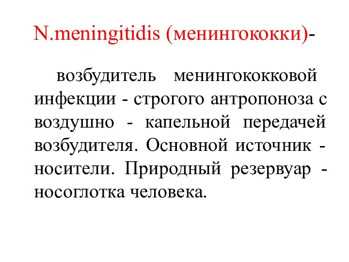 N.meningitidis (менингококки)- возбудитель менингококковой инфекции - строгого антропоноза с воздушно - капельной передачей