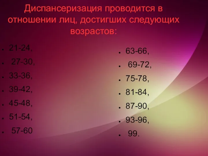 Диспансеризация проводится в отношении лиц, достигших следующих возрастов: 21-24, 27-30,