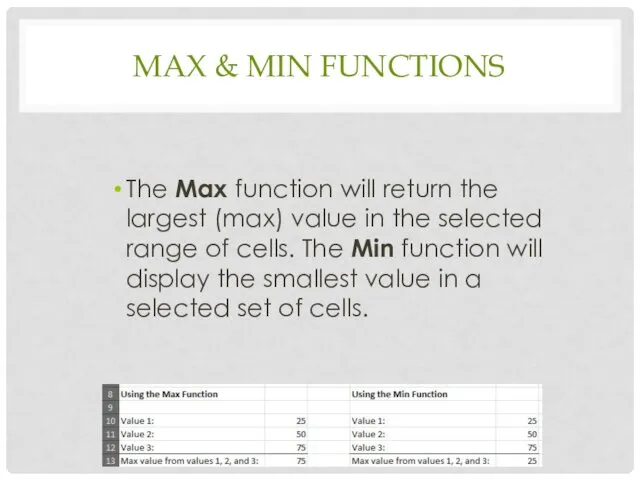 MAX & MIN FUNCTIONS The Max function will return the