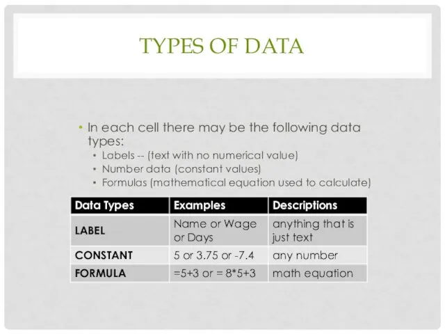 TYPES OF DATA In each cell there may be the