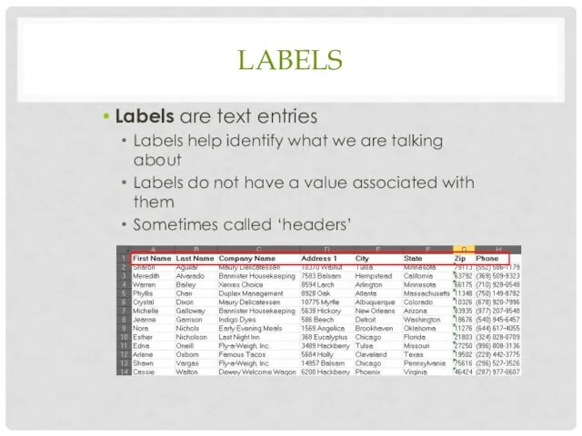 LABELS Labels are text entries Labels help identify what we
