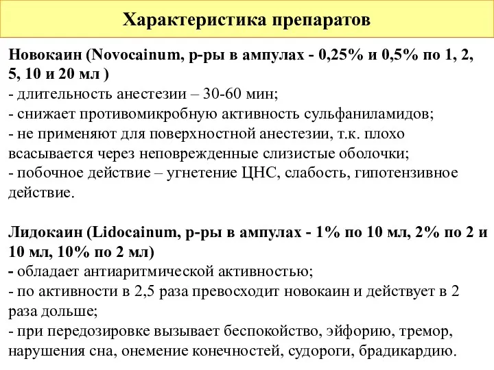 Характеристика препаратов Новокаин (Novocainum, р-ры в ампулах - 0,25% и