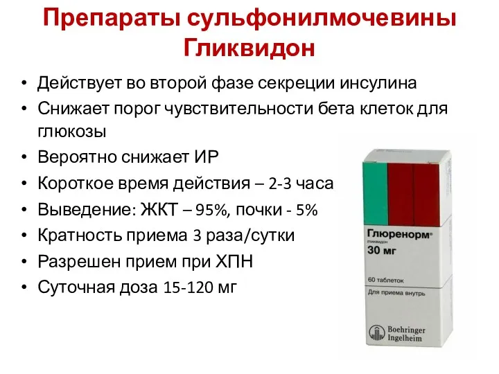 Препараты сульфонилмочевины Гликвидон Действует во второй фазе секреции инсулина Снижает