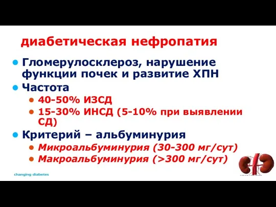 диабетическая нефропатия Гломерулосклероз, нарушение функции почек и развитие ХПН Частота 40-50% ИЗСД 15-30%