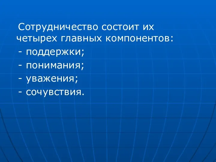 Сотрудничество состоит их четырех главных компонентов: - поддержки; - понимания; - уважения; - сочувствия.