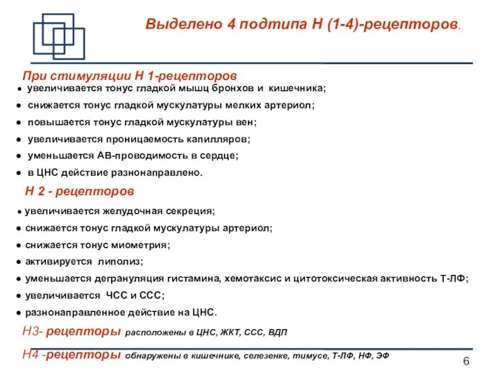 Выделено 4 подтипа Н (1-4)-рецепторов. При стимуляции Н 1-рецепторов увеличивается