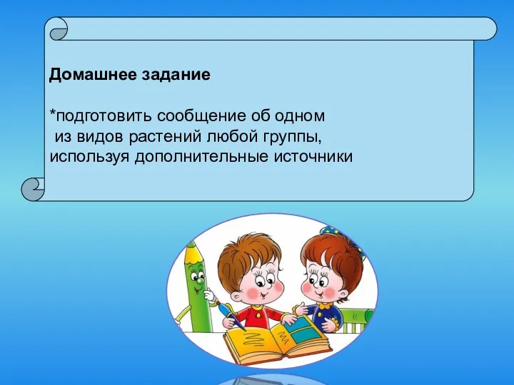 Домашнее задание *подготовить сообщение об одном из видов растений любой группы, используя дополнительные источники