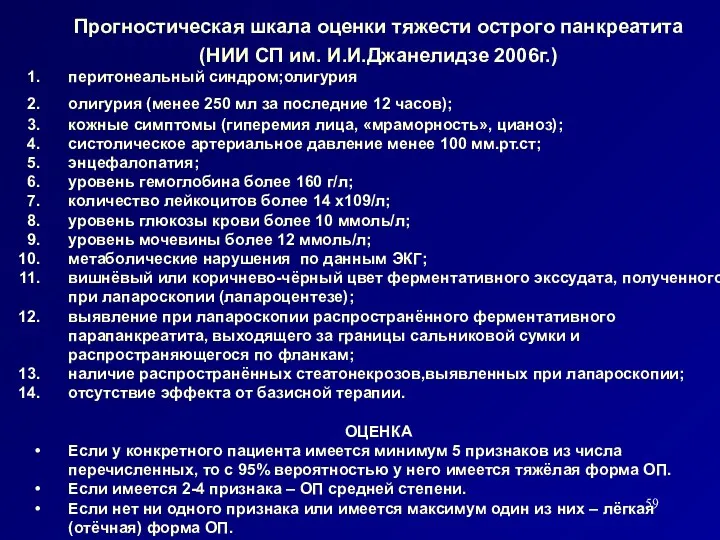 Прогностическая шкала оценки тяжести острого панкреатита (НИИ СП им. И.И.Джанелидзе