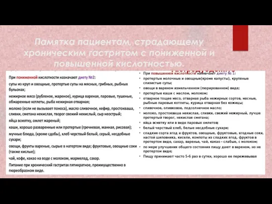 Памятка пациентам, страдающему хроническим гастритом с пониженной и повышенной кислотностью.