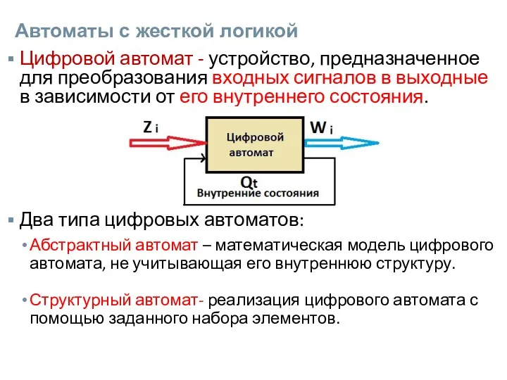 Автоматы с жесткой логикой Цифровой автомат - устройство, предназначенное для