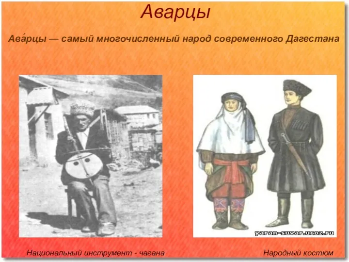 Аварцы Национальный инструмент - чагана Народный костюм Ава́рцы — самый многочисленный народ современного Дагестана
