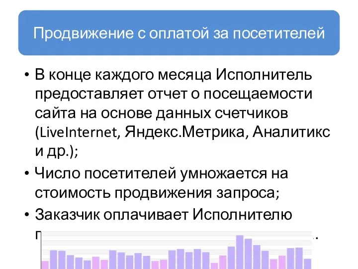 Продвижение с оплатой за посетителей В конце каждого месяца Исполнитель