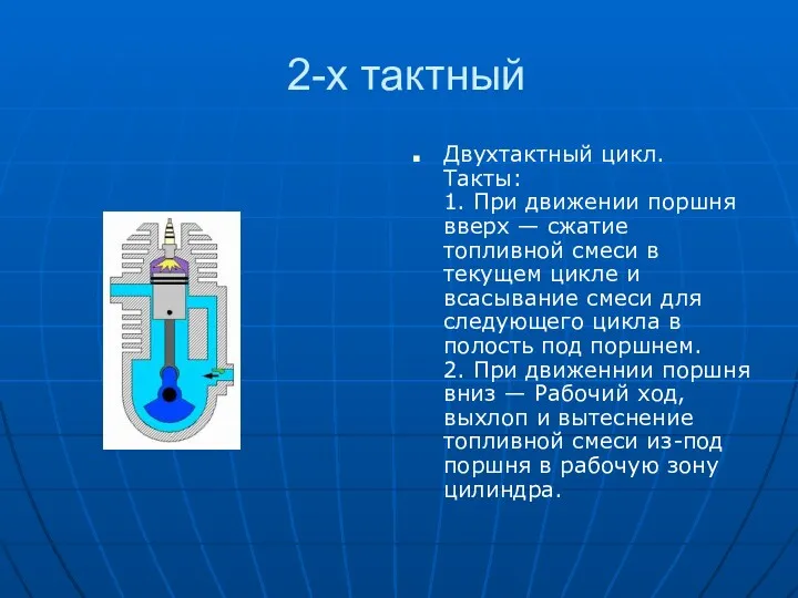 2-х тактный Двухтактный цикл. Такты: 1. При движении поршня вверх