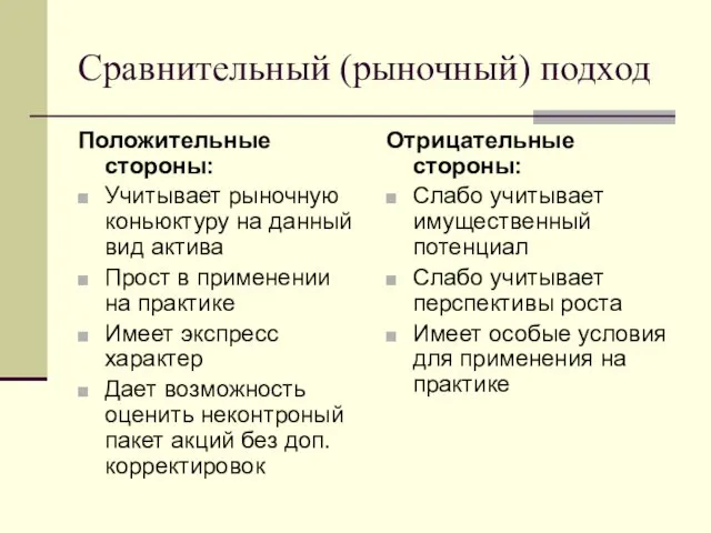 Сравнительный (рыночный) подход Положительные стороны: Учитывает рыночную коньюктуру на данный